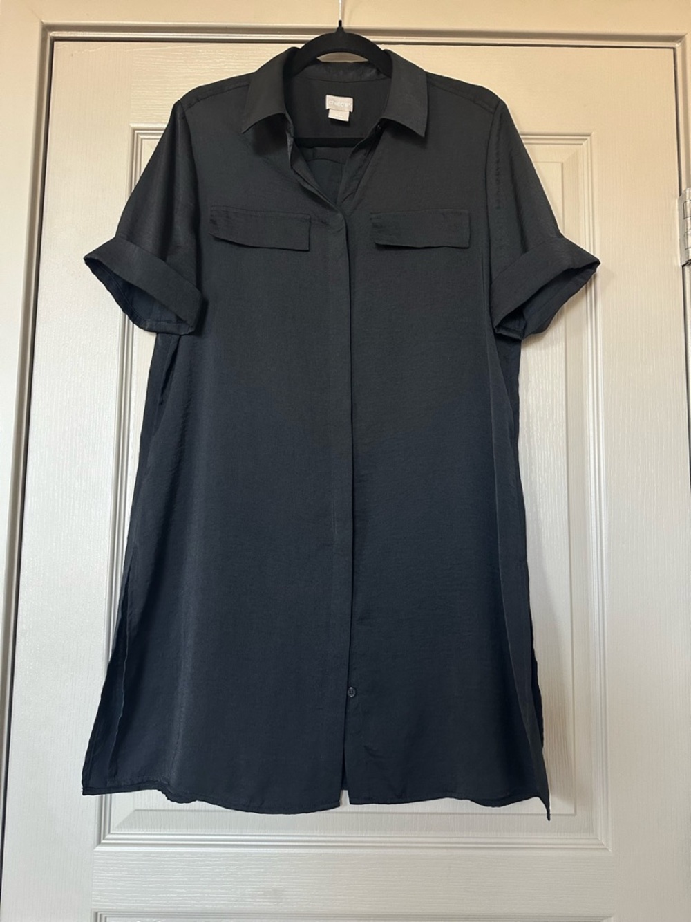 Chico’s Black Button Front Tunic Shirt Size 1 Short Sleeve Lightweight - Picture 3 of 12